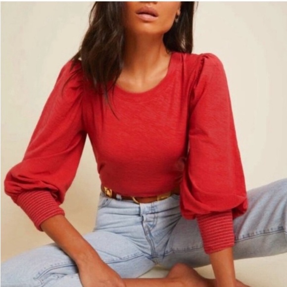Nation Ltd. Anthropologie Loren Tee Poppy Orange SZ Large Elevated Basic Pima - Picture 1 of 16